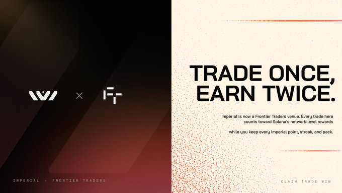 A promotional graphic for Imperial x Frontier Traders announcing 'TRADE ONCE, EARN TWICE' with text indicating Imperial is now a Frontier Traders venue and trades count toward network-level rewards.