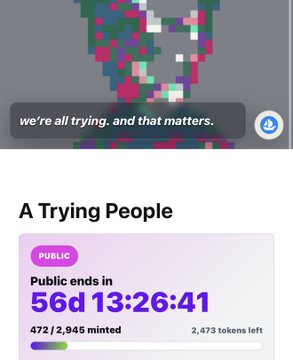 The image shows a 1x Studio countdown screen titled "A Trying People," with a public mint timer at 56 days, 13 hours, 26 minutes, and 41 seconds, showing 472 of 2,945 minted and 2,473 tokens left.

This visual ties to the post by highlighting the minting progress as the studio celebrates reaching 500 mints, capturing the live dashboard state of the milestone moment being acknowledged.