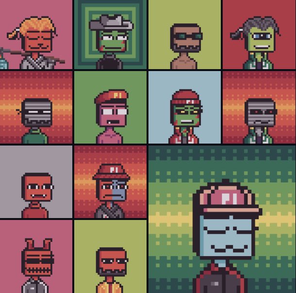 A grid of pixel art character portraits featuring various figures including ninjas, a person in a red 'PI' cap, and others against colorful backgrounds.