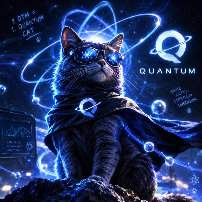 A digital illustration of a cat wearing sunglasses and a cape with a 'Q' logo, set against a cosmic background with the text '1 QTM = 1 QUANTUM CAT' and 'SAME ENERGY. DIFFERENT DIMENSION.'