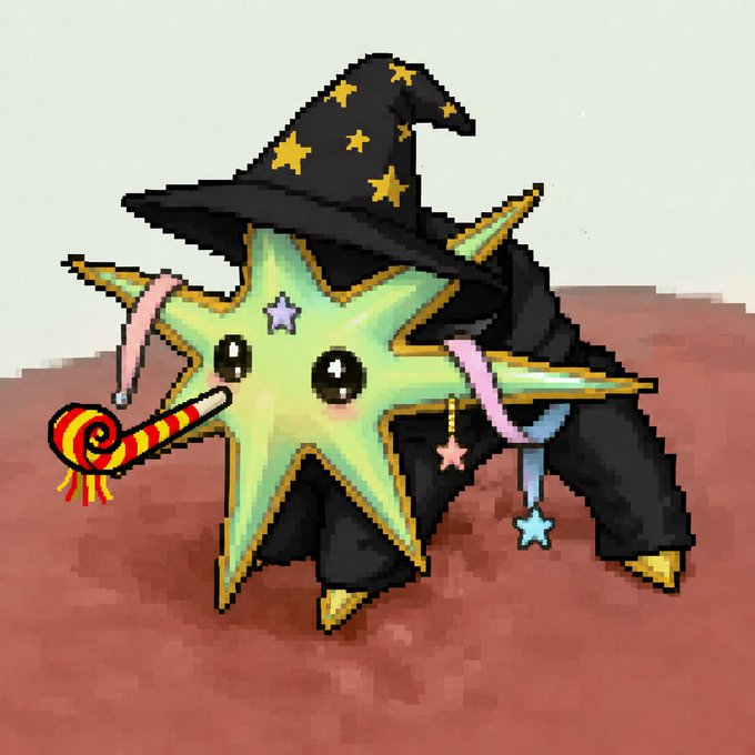Pixel art illustration of a cute green starfish character wearing a black wizard hat with yellow stars and holding a red and yellow striped wand.