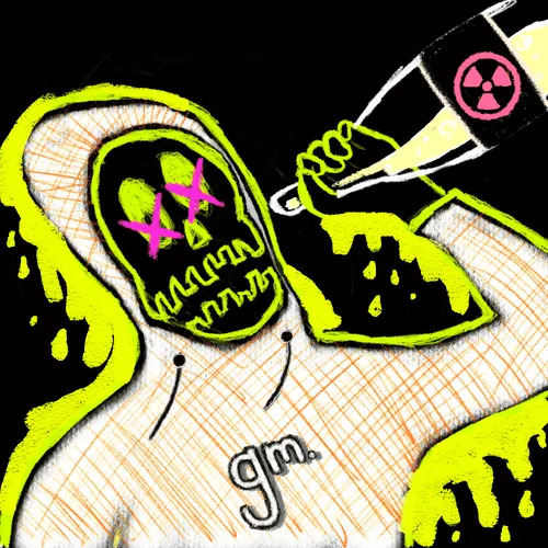 A yellow, stitched creature with X-eyes holds a radioactive waste container next to a steaming burger, with the letters 'gm.' visible.