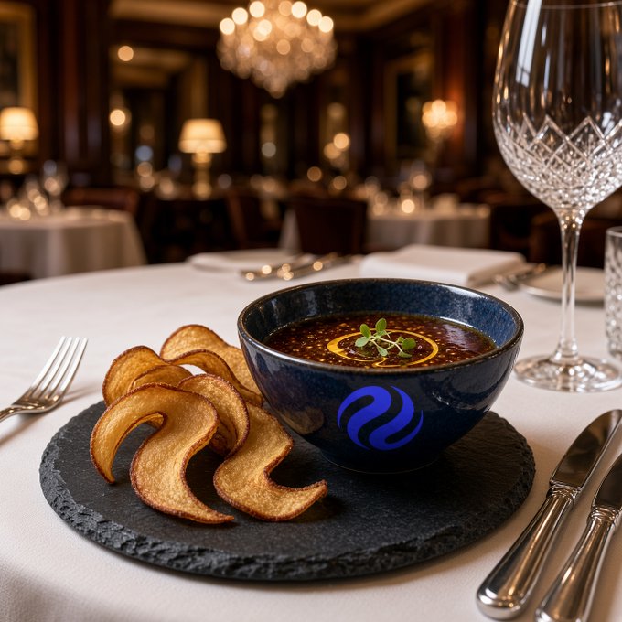 An elegant fine-dining presentation featuring a dark blue bowl with an Injective (INJ) logo containing consommé-style broth garnished with microgreens, served alongside crispy curled bread slices on a slate platter, set on a white-clothed table with crystal glassware in a chandelier-lit restaurant.