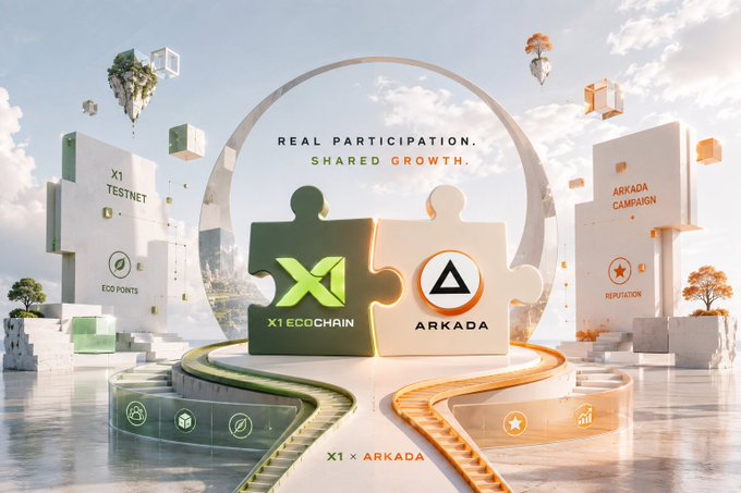 A 3D-rendered promotional graphic displays two interlocking puzzle pieces—one green labeled "X1 ECOCHAIN" with an X1 logo, the other white labeled "ARKADA" with a triangle logo—set against a sky scene with floating cubes, trees, and the tagline "REAL PARTICIPATION. SHARED GROWTH." Side panels highlight "X1 TESTNET • ECO POINTS" and "ARKADA CAMPAIGN • REPUTATION," visually representing the joint 9-quest X1 × Arkada campaign offering ECO Points and Arkada Points rewards.