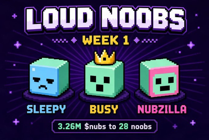 A pixel-art style banner titled 'LOUD NOOBS WEEK 1' features three cube characters labeled 'SLEEPY', 'BUSY' (with a crown), and 'NUBZILLA', announcing '3.26M $nubs to 28 noobs' against a purple starry background.