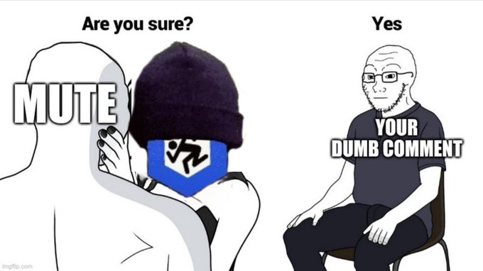 A meme contrasts a hooded figure being urged to “MUTE” someone with a seated person approving “YOUR DUMB COMMENT”; the caption reads, “Are you sure?” and “Yes.”
