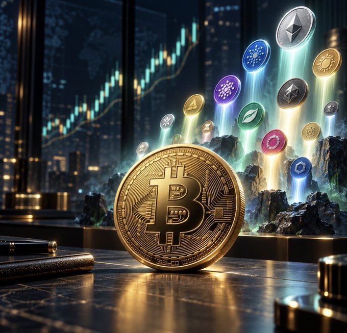 A large gold Bitcoin coin sits on a desk in front of a glowing cityscape and rising chart, with various smaller altcoin tokens emerging from a rocky landscape behind it—visually capturing the post's theme of Bitcoin holding steady while smaller altcoins like BTW surge 25% in 24 hours and 170% over the past month.