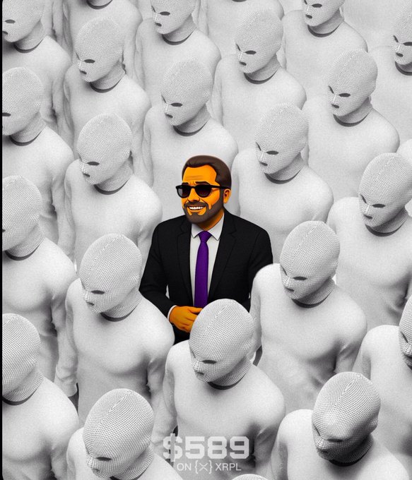 A confident man in a suit, purple tie, and sunglasses stands out in vibrant color amid a sea of identical gray mannequin heads, with the text "$589 ON [X] XRPL" displayed at the bottom. The image visually reinforces the post's message by symbolizing $589 as a unique, recognized identity rising above the crowd.