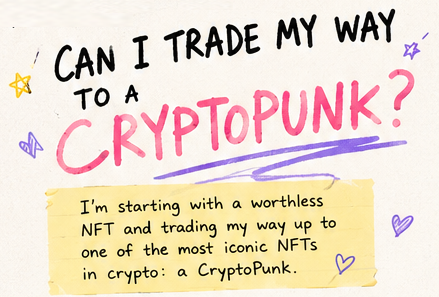 A hand-drawn style graphic titled 'CAN I TRADE MY WAY TO A CRYPTOPUNK?' with text explaining a plan to trade from a worthless NFT up to a CryptoPunk.