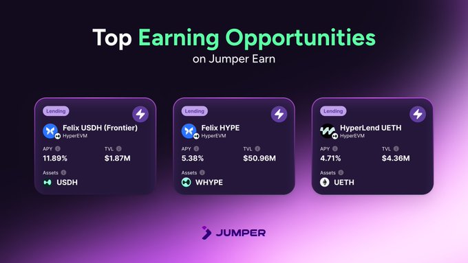 The image features a purple background with three squares of different sizes, each containing information about top earning opportunities on Jumper. The largest square contains the text "Top Earning Opportunities on Jumper Earn", followed by bullet points detailing the available options. The other two smaller squares contain similar information but in a more compact format.