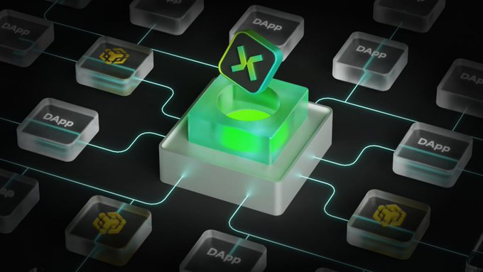 A 3D digital illustration of a decentralized network showing a glowing green cube with a currency-like symbol connected by lines to multiple dark 'DApp' nodes on a dark surface.