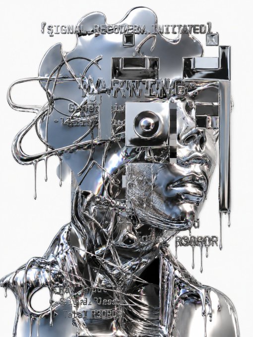 A metallic silver 3D digital art piece featuring a fragmented humanoid figure with liquid metal drips and glitch text overlays reading "[SIGNAL RECOVERED] [INITIATED]" and "WARNING".