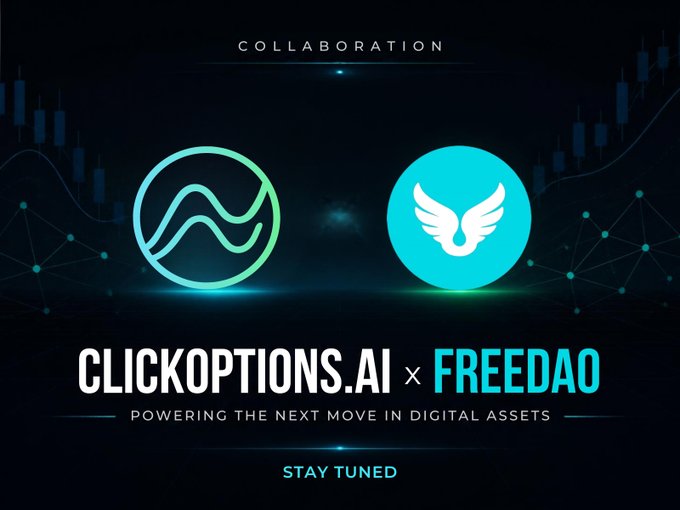 A promotional banner for a collaboration between 'CLICKOPTIONS.AI' and 'FREEDAO', featuring their logos and the tagline 'Powering the next move in digital assets'.