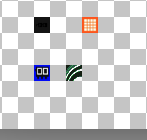 A simple pixel-art style image showing four icons: a black square, an orange grid, a blue window, and green wavy lines on a gray checkered background.