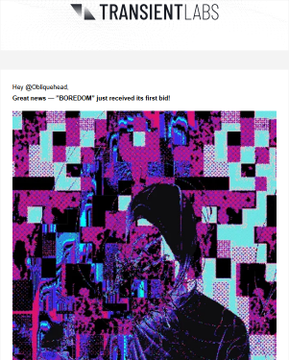 A social media post from TRANSIENTLABS announces a new release titled "BOREDOM" with glitchy pink and blue artwork.