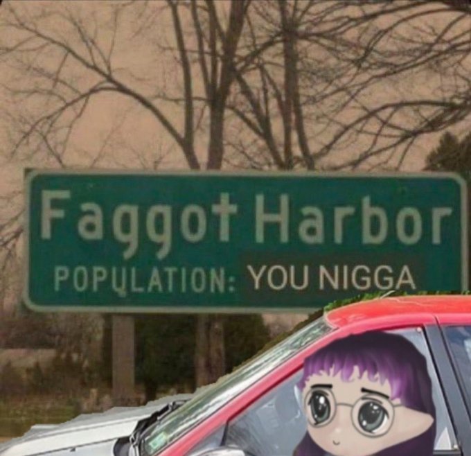A sign reads "Faggot Harbor POPULQATION: YOU NIGGA," with an anime character in a car looking at it.