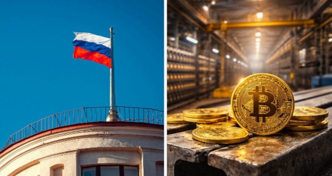 The image shows the Russian flag flying atop a building paired with a golden Bitcoin coin displayed inside what appears to be a mining facility, visually representing Russia's ban on cryptocurrency mining in Moscow and the surrounding region from August 15 through 2031.