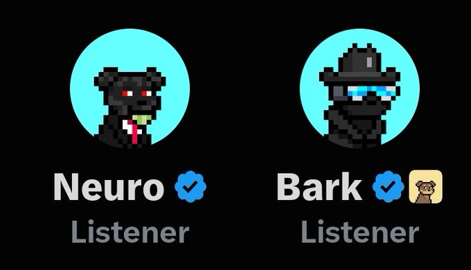 Two Discord-style profile avatars labeled 'Neuro' and 'Bark', both designated as 'Listener' with verified blue checkmarks, featuring pixel-art character designs.