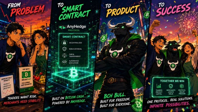 A four-panel anime-style promotional graphic for the AnyHedge Protocol on Bitcoin Cash, illustrating a progression titled "FROM PROBLEM → SMART CONTRACT → PRODUCT → SUCCESS," featuring characters, a "BCH Bull" mascot, and highlights of features like "Decentralized," "Non-Custodial," and "Automated Execution." The panels visually narrate the post's message by showing traders and merchants facing volatility challenges, the AnyHedge smart contract solution built on Bitcoin Cash, the resulting BCH Bull product, and a celebratory final scene representing success.