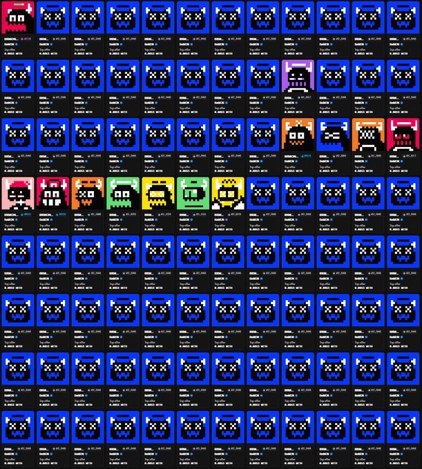 A grid display of NFT profile pictures, mostly identical blue monster-like avatars with sunglasses and gold chains, with a few rare variations scattered throughout.