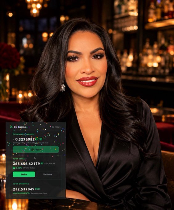 The image features a woman wearing a black dress with long hair sitting at a table next to a bar. She has her face lit up, smiling for the camera. The background of the photo shows a bar setting with various bottles and wine glasses on display. There is also a green screen in the foreground that displays information about the staked rewards she has earned from playing the game.