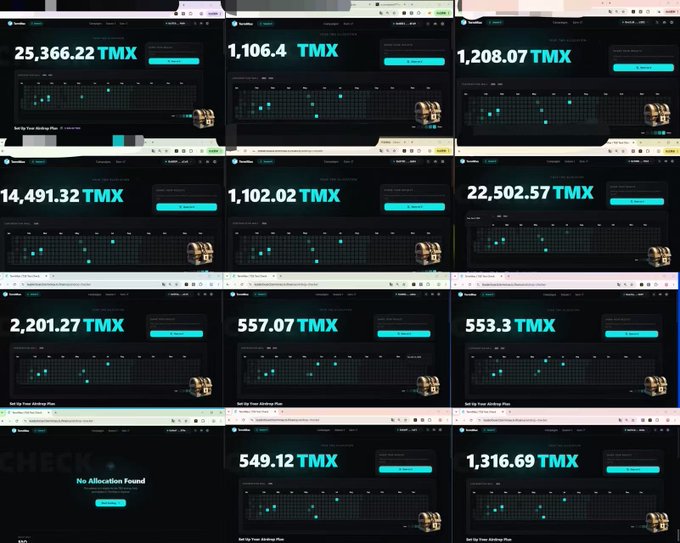 A collage of multiple TermMaxFi dashboard screenshots displays various TMX token balances (25,366.22, 1,106.4, 1,208.07, 14,491.32, 1,102.02, 22,502.57, 2,201.27, 557.07, 553.3, 549.12, and 1,316.69 TMX), visually backing up the poster's claim of accumulating over 70,000 TMX through dedicated staking on the platform.