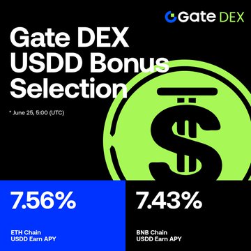 A promotional graphic for Gate DEX's USDD Bonus Selection (until June 25, 5:00 UTC) showing current USDD Earn APYs of 7.56% on ETH Chain and 7.43% on BNB Chain. The image highlights the staking APY opportunities that contribute to the over $70,000 in incentives (50,000 USDD rewards plus 20,000 RAIN BountyDrop rewards) mentioned in the post.