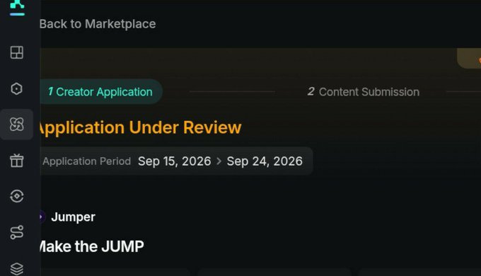 A dark-themed dashboard interface showing 'Application Under Review' in orange text, with a timeline labeled 'Application Period Sep 15, 2026 > Sep 24, 2026' and the title 'Make the JUMP'.