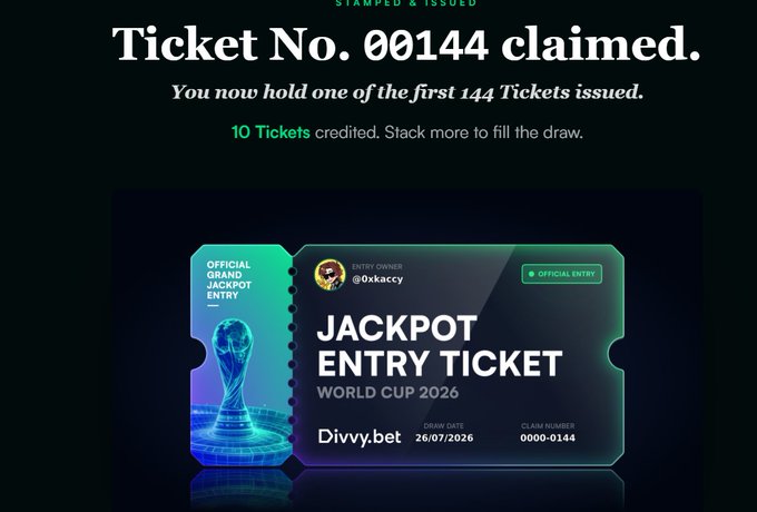 The image features a ticket for the World Cup 2016, which has been claimed by someone named DivvyBet. The ticket is displayed prominently with a green background and white text that reads "Ticket No. 0011444 claimed." The ticket also includes details about the prize pool, such as the number of weeks it will take to win and the amount of money one can expect to receive if they win.