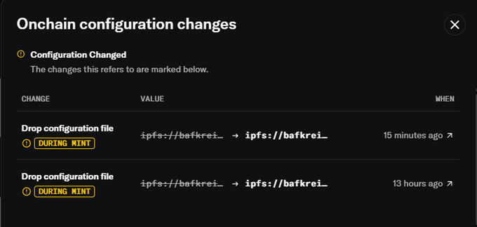 A screenshot of "Onchain configuration changes" showing two "Drop configuration file" changes marked "DURING MINT" at 13 hours ago and 15 minutes ago, supporting the post's claim that RareFriendsNFT changed their drop configuration during the mint process for the second time, likely related to postponing the public phase.