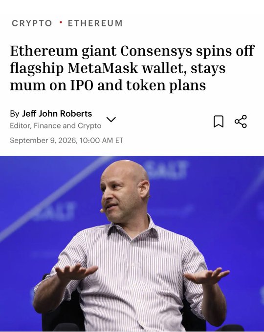 A Fortune article headline 'Ethereum giant Consensys spins off flagship MetaMask wallet, stays mum on IPO and token plans' by Jeff John Roberts, featuring a photo of a bald man speaking on stage.