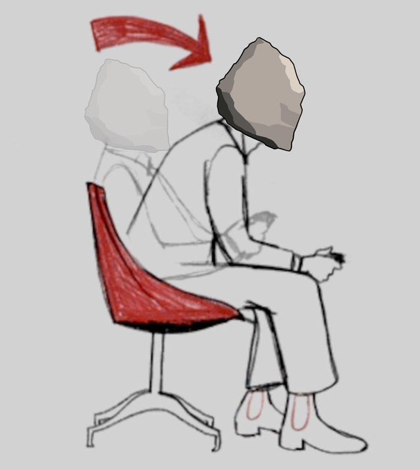 A sketch-style illustration shows a seated figure with a rock for a head, featuring a red arrow pointing toward a second rock head and a red-highlighted chair.