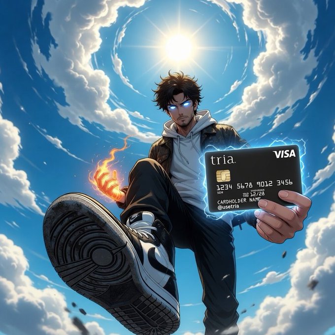The image features a man standing on one foot, holding a Visa credit card with the words "Tria" written on it. The background of the image shows a sky filled with clouds, creating an artistic and visually appealing scene. The post also mentions that the Tria Perp DEX is extended to July 15th, which means there are now 30 more days for users to stack rewards. This could be related to the man's decision to use his credit card or the increased trading volume on Tria Perp DEX.