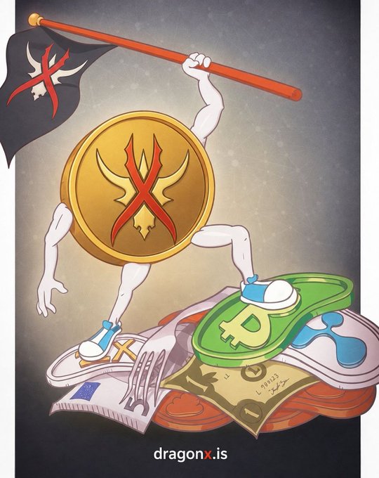 An illustration shows an anthropomorphized gold coin character holding a black flag with an 'X' symbol, standing atop a pile of items including a sneaker, a green '₽' token, and money, with 'dragonx.is' at the bottom.