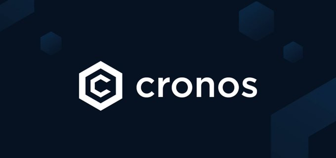 A dark blue branded banner displaying the Cronos logo and name in white, accented with hexagonal shapes in the background.