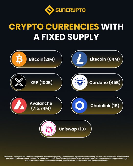 The image shows a poster with various crypto currency logos, including Bitcoin, Litecoin, Ripple, Cardano, and XRP. The poster also includes information about fixed supply tokens, such as Avalanche, Cardano, and Uniswap. The text on the poster highlights that not all crypto supplies are created equal, emphasizing the importance of understanding tokenomics for investors to make informed decisions when investing in cryptocurrency projects.