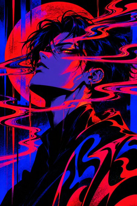 A stylized anime-style illustration in bold red, blue, and black colors depicting a man with messy hair looking upward, surrounded by swirling red and blue energy ribbons against a large red circle background.