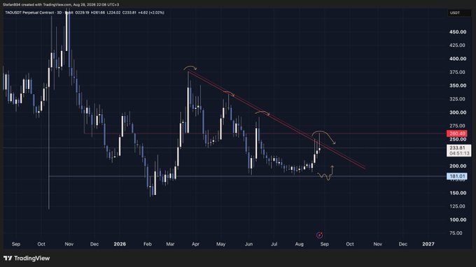 A TradingView chart shows TAOUSDT Perpetual Contract on Binance trading at $253.61, down from a recent high near $275 with a descending trendline, while the post highlights the $181 support level as an attractive entry point.