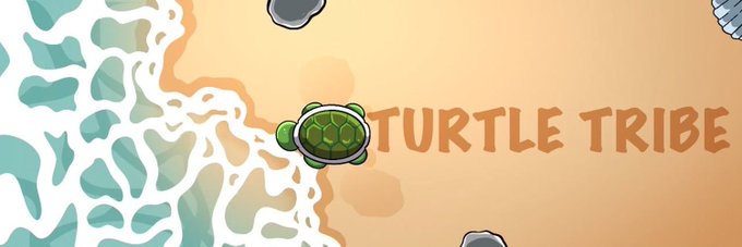 A cartoon-style illustration of a small green turtle on a sandy beach next to foamy water, with the text 'TURTLE TRIBE' displayed prominently on the right.