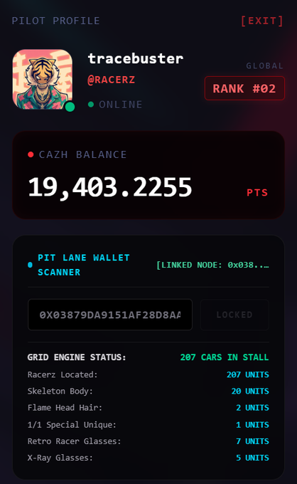 A pilot profile screen for 'tracebuster' (@Racerz), showing Global Rank #02, an online status, a CAZH balance of 19,403.2255 PTS, and a grid engine status listing 207 cars in stall with component breakdowns.