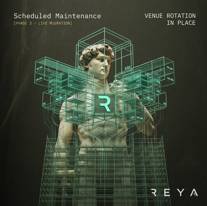 A stylized graphic for "REYA" depicting Michelangelo's David statue overlaid with a holographic green wireframe cube labeled "BID" and "ASK" boxes, with text reading "Scheduled Maintenance [PHASE 2 - LIVE MIGRATION]" and "VENUE ROTATION IN PLACE".