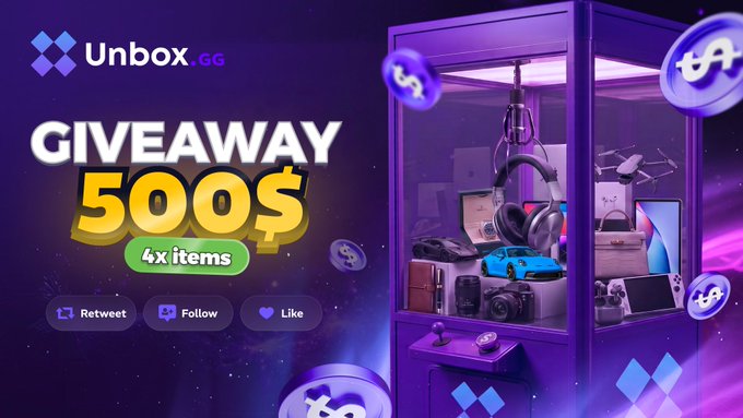 A promotional graphic for 'Unbox.GG GIVEAWAY 500$' showing a claw machine filled with various prizes including headphones, a blue car, laptop, and camera, with Retweet, Follow, and Like prompts.