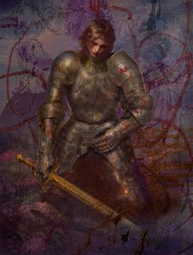 A digitally painted knight in battle-worn armor kneels with a bloodstained sword, set against a moody, abstract background of dark purples and red splatters—evoking a somber, painterly tribute fitting the context of a new 1/1 artwork and print edition released on SuperRare in collaboration with @rhizome.