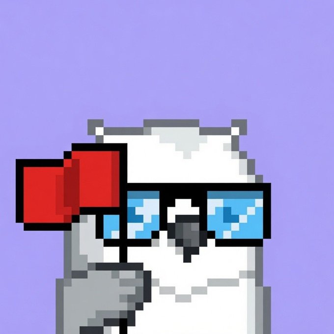 A pixel art illustration of a white character wearing a red boxing glove and blue-tinted sunglasses against a purple background.