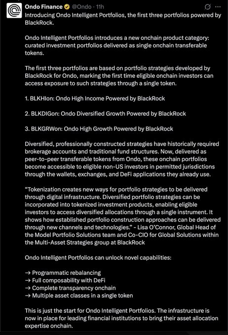 A tweet from Ondo Finance announcing the launch of Ondo Intelligent Portfolios, featuring three new BlackRock-powered portfolio tokens: BLKHion (Ondo High Income), BLKDIGon (Ondo Diversified Growth), and BLKGRWon (Ondo High Growth). The image relates to the post by highlighting the BlackRock and Ondo partnership that caused $ONDO to surge ~20%, reinforcing the bullish RWA narrative.