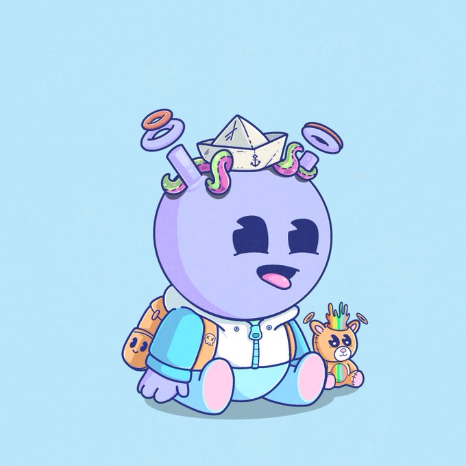 A cheerful purple cartoon octopus character with tentacle hair wears a white paper boat hat adorned with an anchor symbol, sitting alongside a small orange teddy bear with rainbow-colored antlers and a tiny orange backpack with a koala face, embodying the wholesome, vibrant "good vibes" and playful community spirit highlighted in the post about Quirkies NFT.