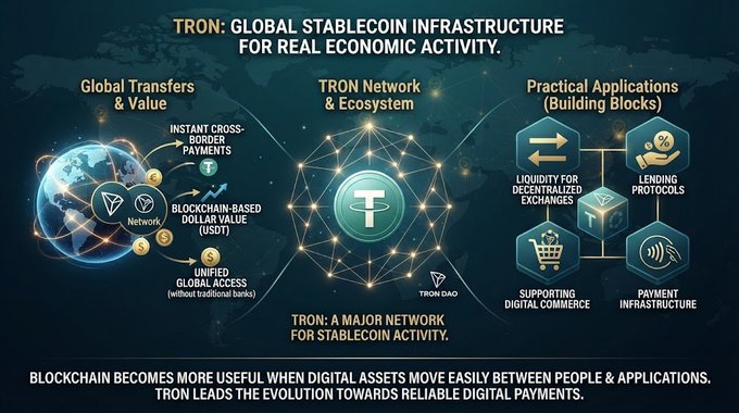 A TRON DAO infographic titled 'TRON: GLOBAL STABLECOIN INFRASTRUCTURE FOR REAL ECONOMIC ACTIVITY' detailing global transfers, the TRON network, and practical applications.