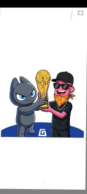 A cartoon gray cat and a man wearing sunglasses and a cap jointly hold a golden trophy, with a "G" logo displayed beneath them on a blue banner—celebrating an NFT achievement in a playful "gm" (good morning) crypto greeting.