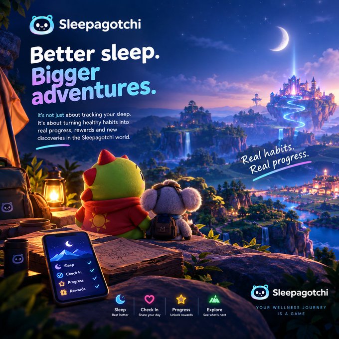 A promotional graphic for 'Sleepagotchi' features the tagline 'Better sleep. Bigger adventures.' showing a dragon character and koala looking at a fantasy landscape from a cliff, with a phone displaying a sleep tracking checklist.