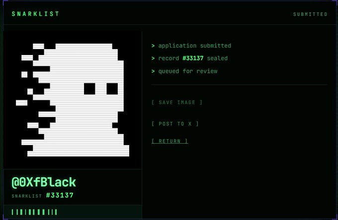 A digital 'SNARKLIST' submission confirmation screen showing a pixelated ghost-like image for @0XfBlack, with record #33137 sealed and queued for review.